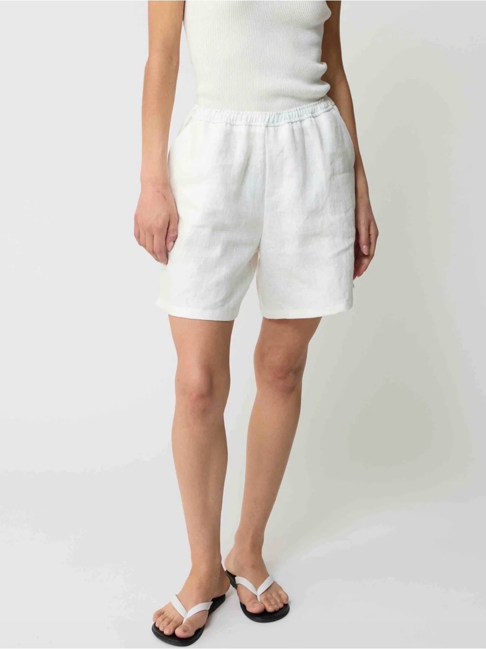 Classic White Elastic-Waist 100% Linen Bermuda Shorts